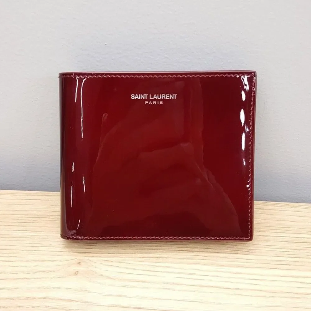 SAINT LAURENT Billfold Wallet Mens Dark Red Patent Leather East West Bifold